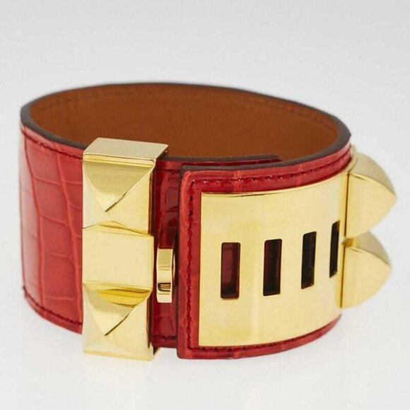 Hermes Geranium Matte Alligator Gold Plated Collier de Chien Cuff Bracelet - Picture 4 of 9